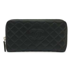 CHANEL Authentic Black Diamond Leather Logo Wallet